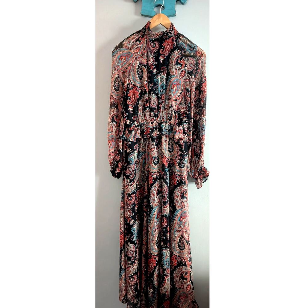 BR x Olivia Palermo Silk Paisley Hi-Low Maxi Dress Black Teal Orange XS - Picture 1 of 16